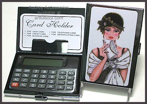 Audrey Card Case and Calculator in Lady With Clutch