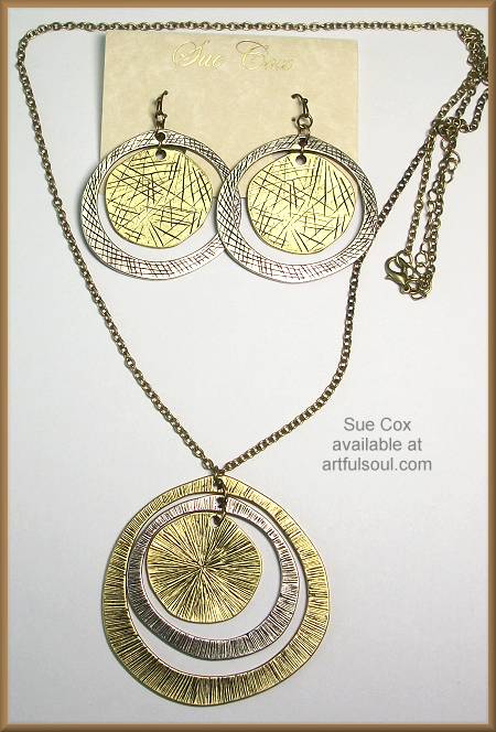 Sue Cox Burnished Gold/Silver Pendant/Earrings Set