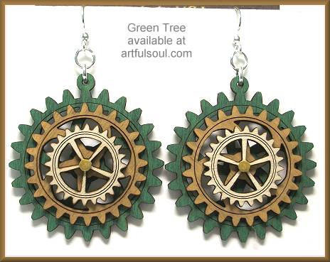 Green Tree Gear Earrings Green/Tan