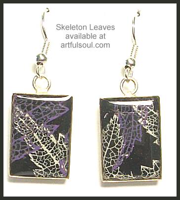 Skeleton Leaf Earrings, Purple & White on Black