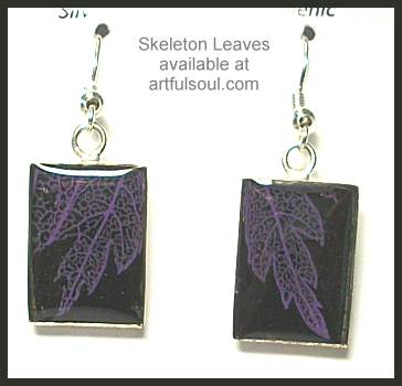 Skeleton Leaf Earrings, Purple on Black