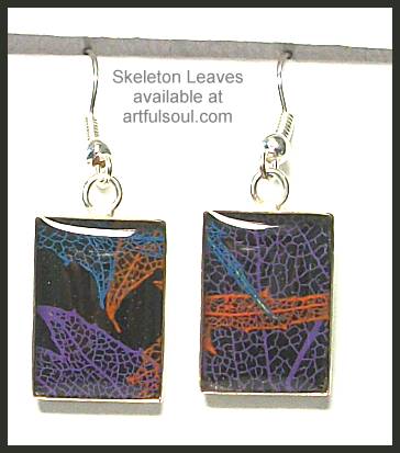 Skeleton Leaf Earrings, Purple/Blue/Orange on Black