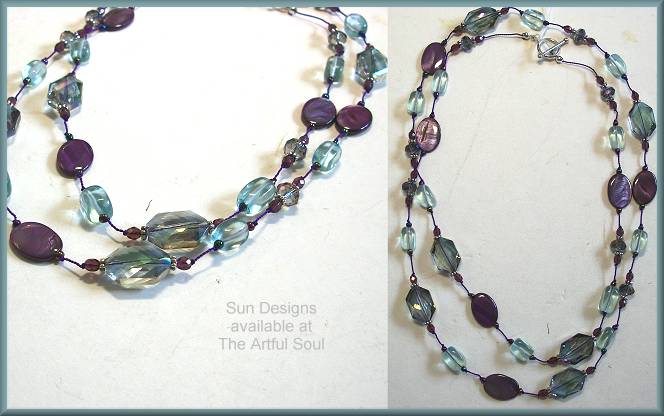 Sun Designs Purple/Aqua Long Knotted Necklace