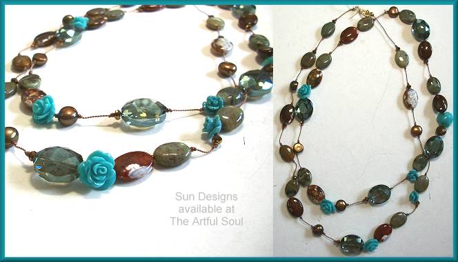Sun Designs Turquoise/Brown Long Knotted Necklace