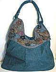 Ultrasuede with Leather Flowers Bag, Teal/Gray