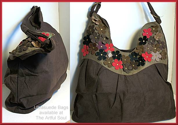 Ultrasuede with Leather Flowers Bag, Espresso/Taupe