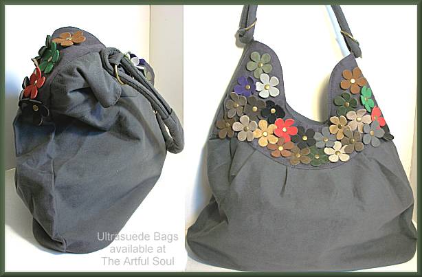 Ultrasuede with Leather Flowers Bag, Gray/Gray