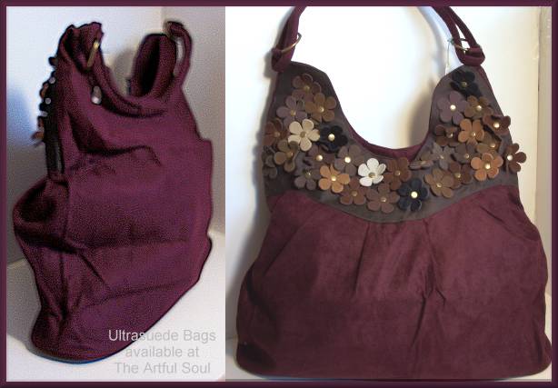 Ultrasuede with Leather Flowers Bag, Burgundy/Brown