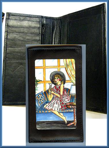 Audrey Leather Checkbook in Lady with Drink