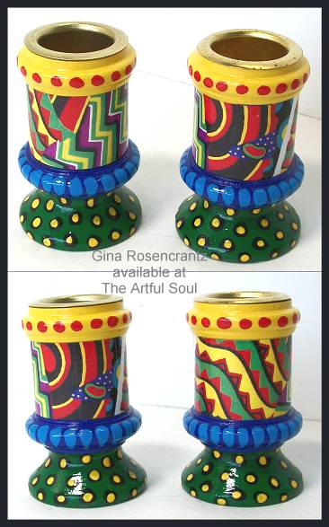 Gina Rosencrantz Painted Wood Candleholders Pair