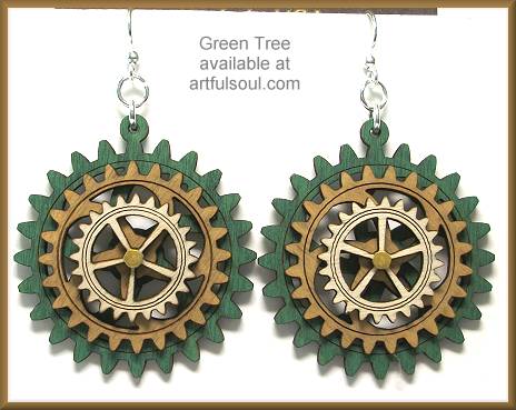 Green Tree Gear Earrings Green/Tan