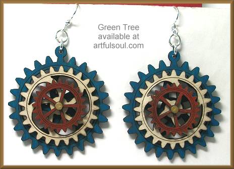 Green Tree Gear Earrings Teal/Neutral