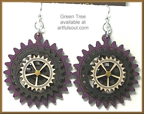 Green Tree Gear Earrings Purple/Black