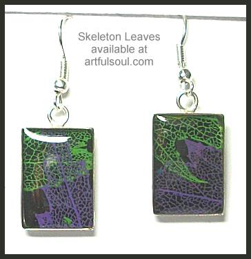 Skeleton Leaf Earrings, Purple/Green on Black