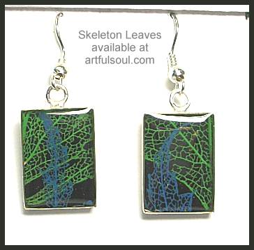 Skeleton Leaf Earrings, Blue/Green on Black