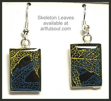 Skeleton Leaf Earrings, Blue/Yellow on Black