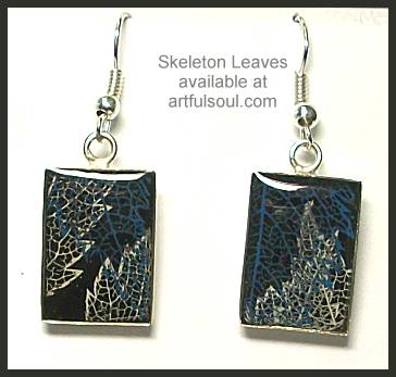 Skeleton Leaf Earrings, Blue & White on Black