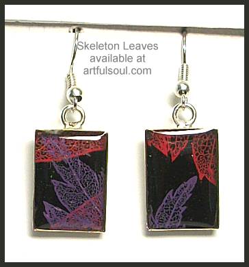 Skeleton Leaf Earrings, Red & Purple on Black