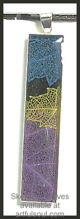 Skeleton Leaf Pendant, Blue/Yellow/Purple on Black