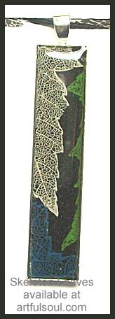Skeleton Leaf Pendant, Blue/Green/White on Black