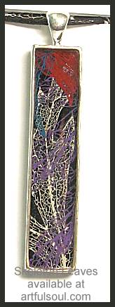 Skeleton Leaf Pendant, Purple/Red/White on Black