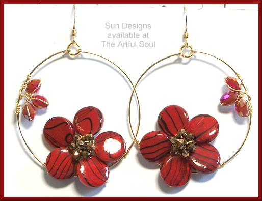 Sun Designs Red Flower Loop Earrings