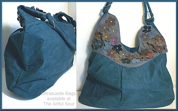 Ultrasuede with Leather Flowers Bag, Teal/Gray